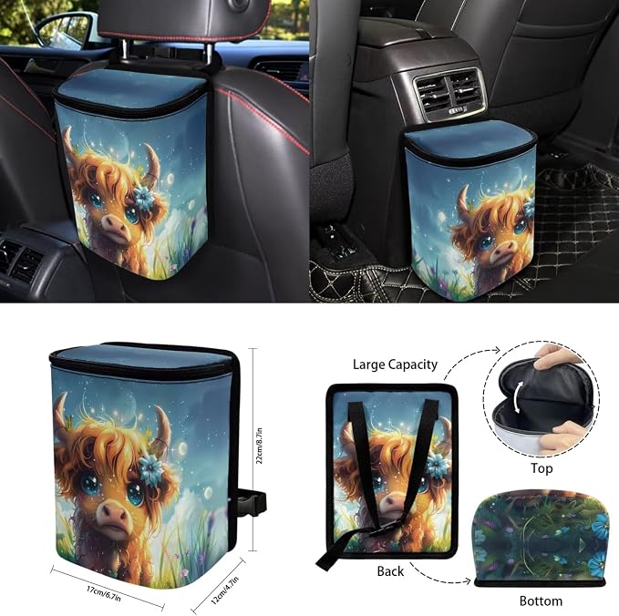 Moon Baby Highland Cow 15 PCS Car Seat Cover Set, with Steering Wheel Seat Belt Cover Rear View Mirror Cover Coaster Trash Cans Keychain Universal Fit