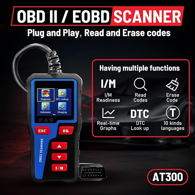 AT300 Car Code Reader, OBD2 Car Code Scanner Check Engine Light Fault Code Reader Scanner CAN Diagnostic Tool for All OBDII Protocol Cars,Cranking Test