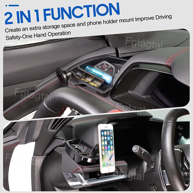 Center Console Multi-Mount Phone Holder Storage Box Compatible with Chevrolet Corvette C8 2020-2025, Dashboard Left Side Storage Tray Organizer, Magnetic Style Holder