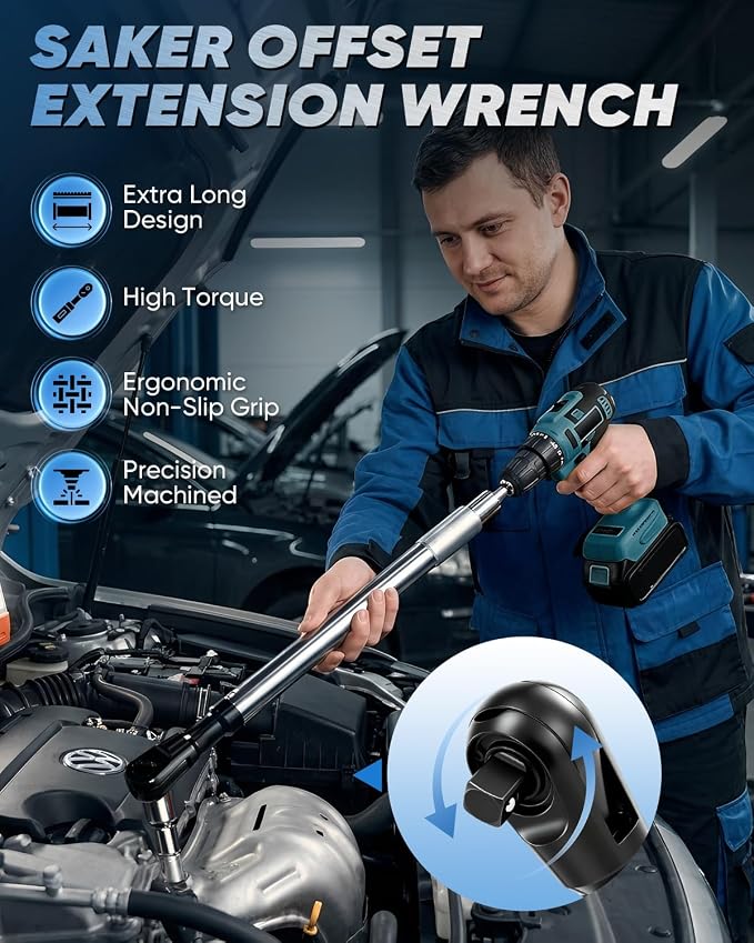 Saker 1/2 Drive Offset Ratchet Extension Wrench for Tight Spaces, Long Reach Impact Extension Tool with 3/8" & 1/4" Adapters, Non-Slip Grip Heavy Duty Automotive Mechanic Kit