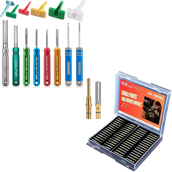 JRready ST5257-PRO Deutsch Connector Tool Kit for 4#8#16#12#20# Solid/Stamped Contacts + ST6259 Gold-Plated DT Solid Terminal Contact Size 16 30 PCS Male 0460-215-1631 and 30 PCS Female 0462-209-1631