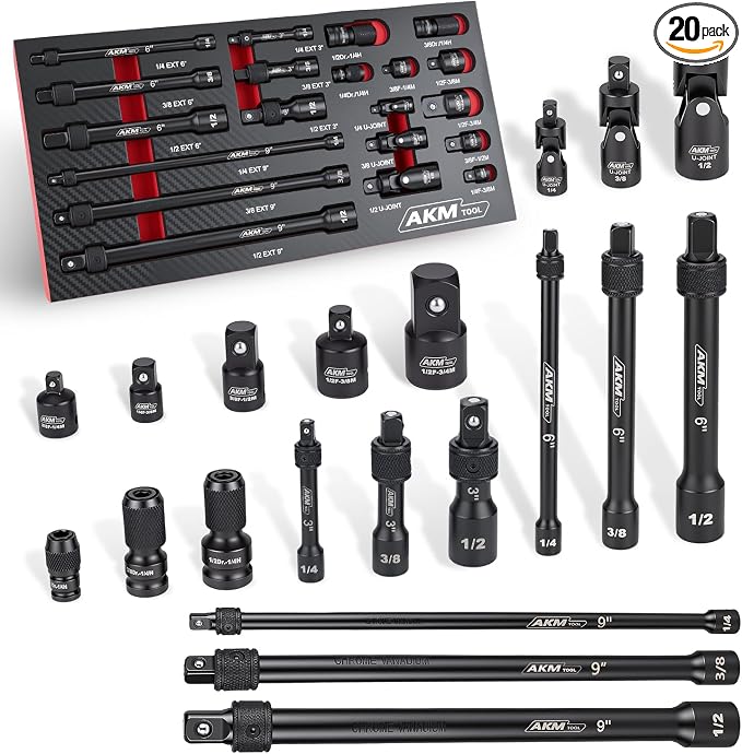 20 Piece Locking Impact Socket Extension Set, 3" 6" 9" Extension Bars, 1/4" 3/8" 1/2" Drive, Quick Release Locking Collar, Cr-v Steel, Universal Joints, Bit Socket Adapters, Socket Adapters