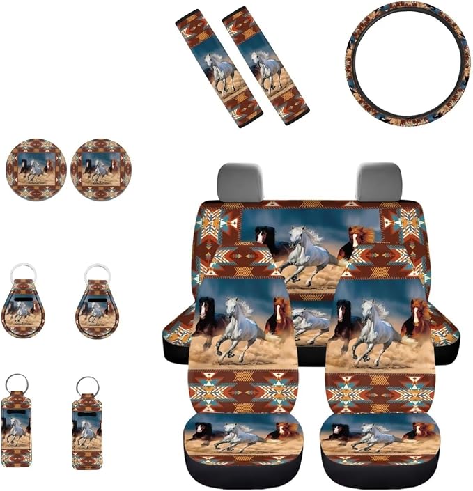 INSTANTARTS Horses Full Set of 13 Car Front Back Seat Covers Southwest Africa Aztec Seat Belt Pads Car Cup Holders Lip Gloss Tube Sleeve Keychain Steering Wheel Cover