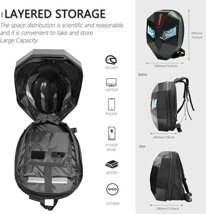 Motorcycle Backpack for Men, LED Backpack With DIY Programmable Full Color Screen, Hard Shell Large Capacity Waterproof Helmet Bag Laptop Backpack