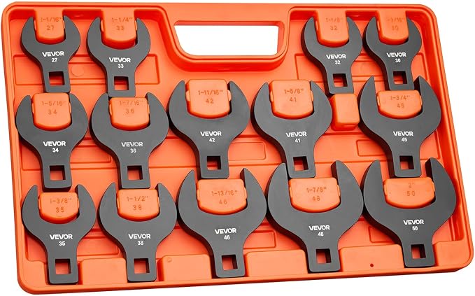 VEVOR Crowfoot Wrench Set, 1/2" Drive, 14-Piece Metric 27 to 50 mm Crows Foot Wrenches, with Storage Tray, Dual Size Markings on Tools and Tray, for Auto Maintenance or Repairs