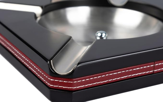 Leather Motif Trim 4 Cigar Ashtray with On-Board Guillotine Cutter - Color: Black & Burgundy Red