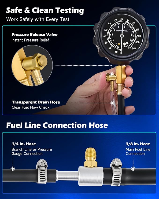 Orion Motor Tech Fuel Pressure Test Kit, Fuel Pressure Tester with 0-140 psi Injection Pressure Tester Gauge Hoses Adapters, Fuel Pressure Gauge Kit Gasoline Car Truck Motorcycle Diagnostic Tool