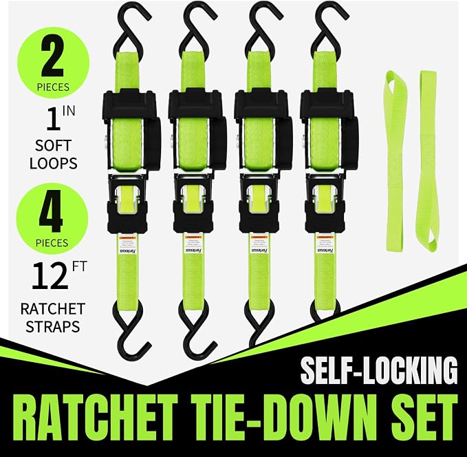 Retractable Ratchet Straps, 4-Pack, 1 Inch x 12 Feet, 1,760lb Break Strength, Self Retracting Tie Down for Truck, Cargo Trailer, Motorcycle, ATV, UTV (Neon Green, 4pack)