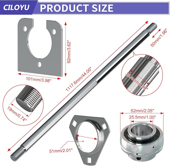 Heavy Duty DIY Steel 44" Go Kart Live Axle Kit 1" Diameter 3/4" Step Down 3/4-16" Fine Thread Ends 1/4" Keyway Replacement for Go Kart Cart ATV Quads Dune Buggies with Rear Axle Bearing Kit