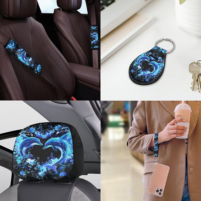 Neon Dolphin Car Seat Covers Full Sets of 18 Pack Blue Dolphin Car Interior Accessories Set with Soft Car Seat Belt Pads Cover Car Headrest Covers Steering Wheel Car Covers Coasters Washable