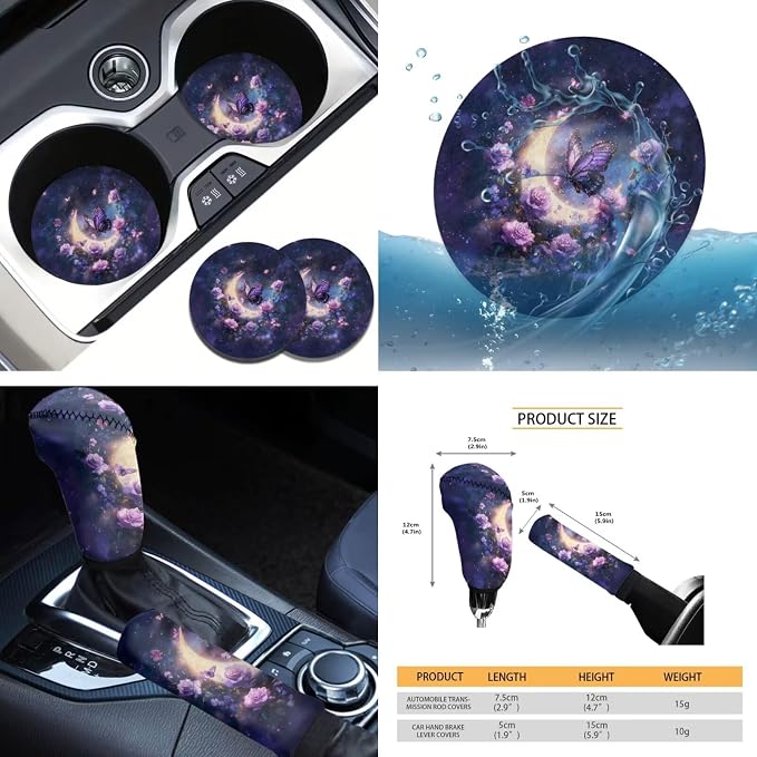 Tupalatus 9 Pcs Moon Butterfly Print Two Front Car Seat Covers with Steering Wheel Cover Auto Seat Belt Cover Coasters Gear Shift Cover Hand Brake Cover Car Accessories Set Easy to Install