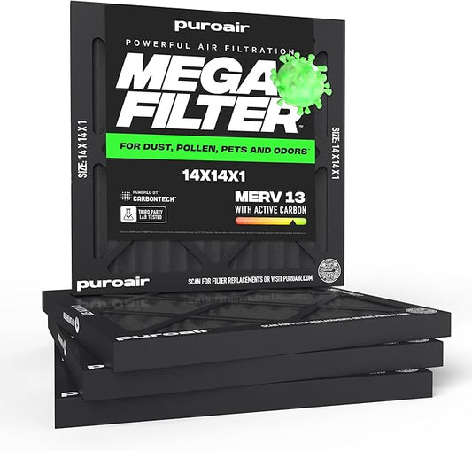 PuroAir MegaFilter - 14x14x1 Air Filter MERV 13 Activated CarbonTech Defense - Heavy Duty 3 Layer Furnace Filters Allergens, Pollen, Dust, Pet Dander, Smoke, Odors - HVAC Air Filter 14x14x1 (4-Pack)