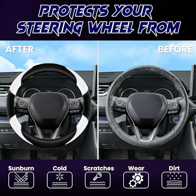 Soft Leather Steering Wheel Cover with Breathable Design and Anti-Slip Grip, Fully Compatible with Tesla, Toyota, Honda, Nissan 14.5-15.2 inch Round Steering Wheel（Sedans and SUVs）