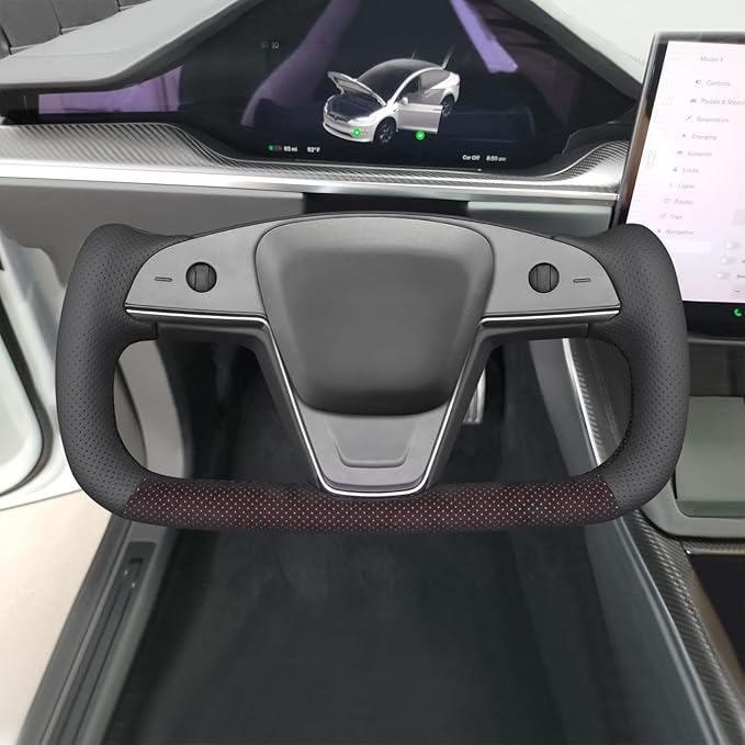 MEWANT DIY Black Perforated Real Leather Mesh Athsuede Red Layer Steering Wheel Cover for Tesla Model S Yoke Model X