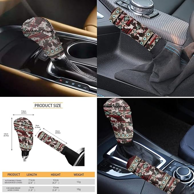 Wanyint Aztec Cow Print Red Retro Auto Seat Cover Full Set with Steering Wheel Cover Shift Knob Handbrake Protector Coasters Head Rest Covers Universal Fit Most Cars SUV Sedans, Pack of 11