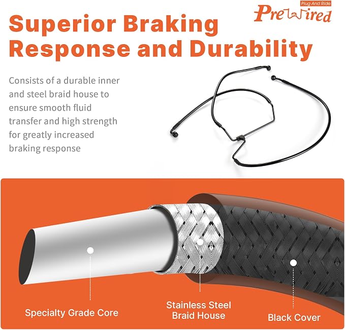 Front Dual Disc Brake Line 12" Handlebars Extension Brake Cable NO ABS for Harley 2014-2023 Touring Road King/Road Glide/Street Glide/Electra Glide Models, +2" Extended, Stainless Steel Braided, Black