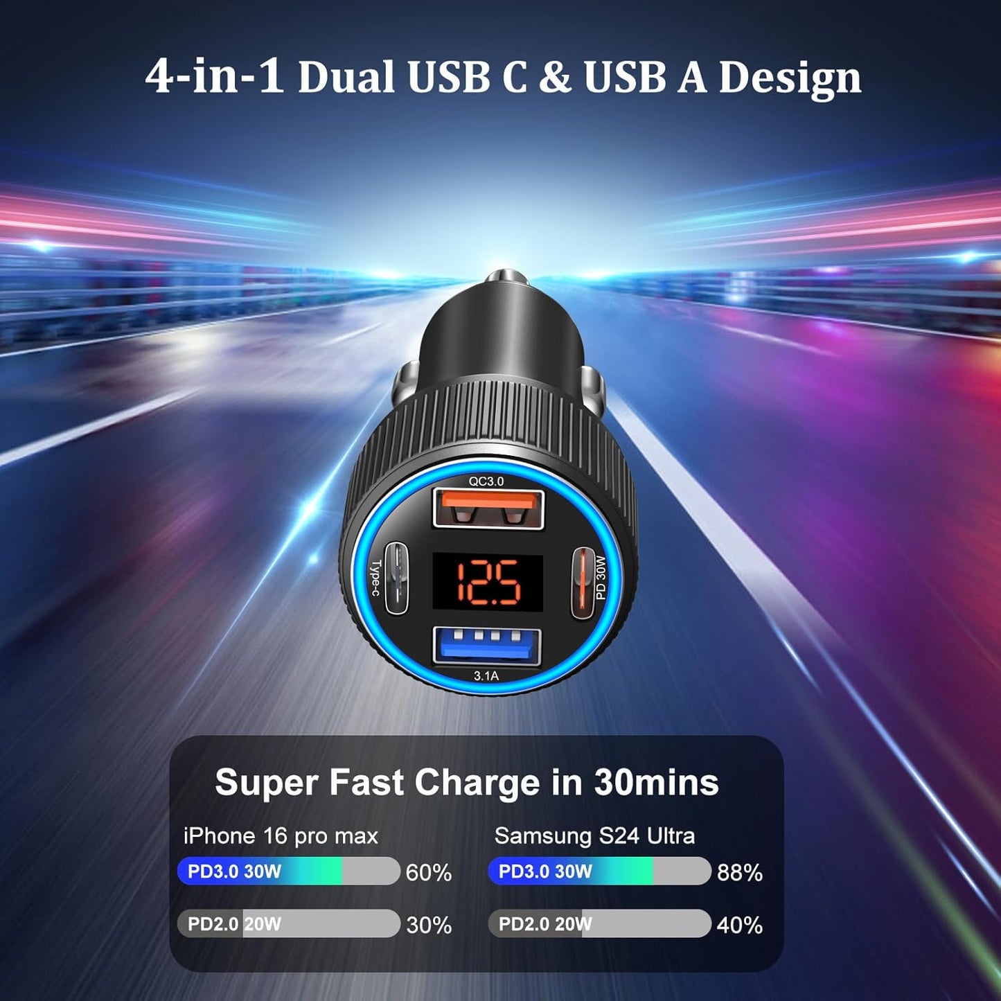 USB C Car Charger 3 Pack, Costyle 65W 4 Port Car Power Adapter with Voltmeter PD 30W/QC 3.0 Fast Charging Cigarette Lighter USB Charger Plug for iPhone 16/15/14/13/12/11 Pro Max/Pad,Android(Black)