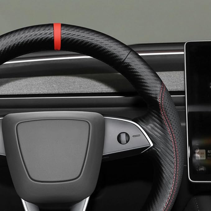 MEWANT Hand Stitch Black Matte PU Carbon Fiber Faux Leather Steering Wheel Cover for Tesla Model 3 Highland 2024-2026 Model Y Juniper 2025-2026