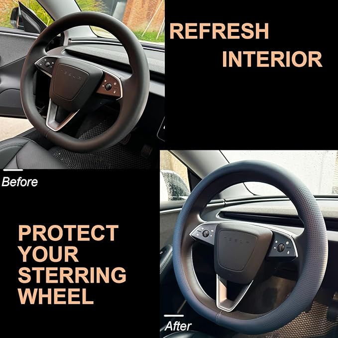 PINCTROT Nappa Leather Steering Wheel Cover for Tesla Model Y/3 Highland/Juniper, D Shaped 14 Inch Small Sized with Breathable Perforation, Fit Like Gloves, Flat Bottom 14 Inch(Nappa Smoky Blue)