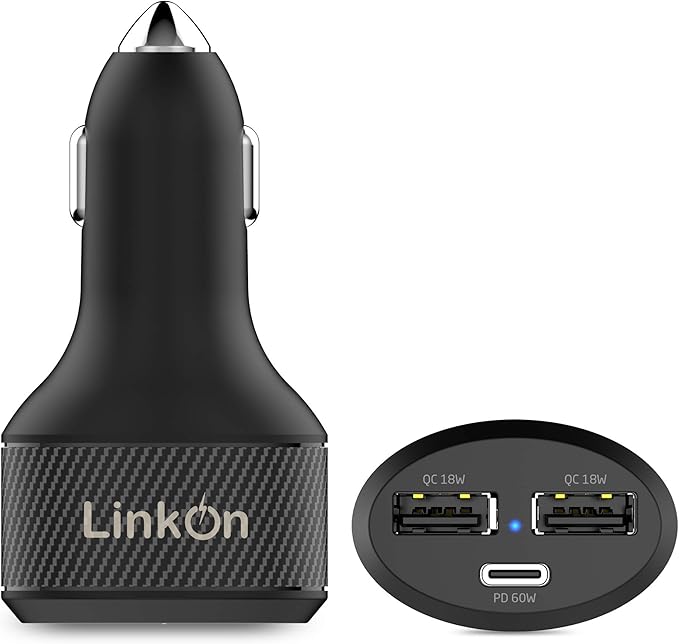 LinkOn 84W USB-C Car Charger PD3.0 (60W) + USB-A QC3.0 (18W) Dual Port – Fast Charger for Laptops, Phones, Tablets, and other; Compatible with MacBook, Dell XPS, HP, iPad Pro, iPhone, Galaxy, and more
