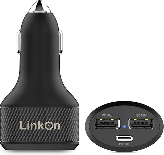 LinkOn 84W USB-C Car Charger PD3.0 (60W) + USB-A QC3.0 (18W) Dual Port – Fast Charger for Laptops, Phones, Tablets, and other; Compatible with MacBook, Dell XPS, HP, iPad Pro, iPhone, Galaxy, and more
