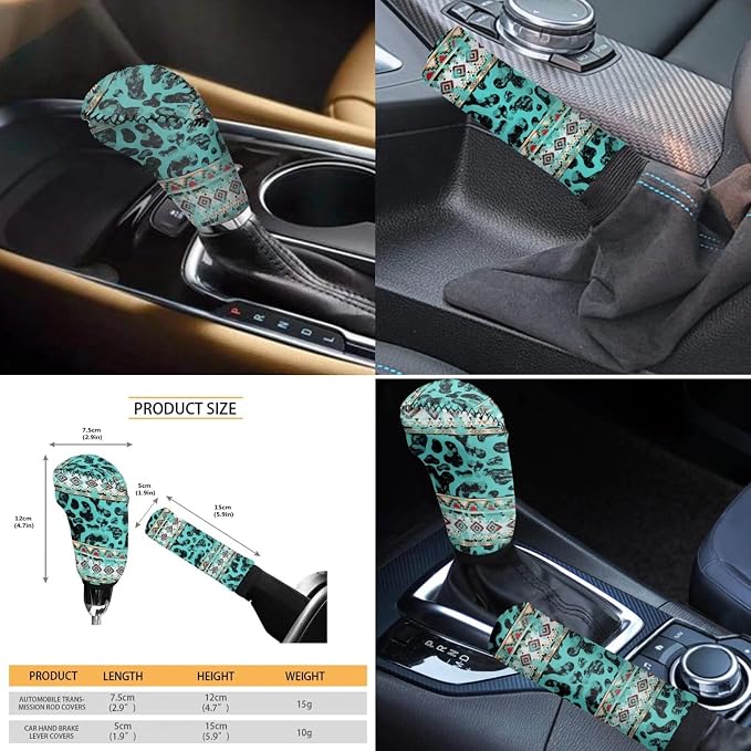 Wanyint Aztec Cow Print Teal Car Seat Cushion Cover Full Set 11 PCS, with Car Steering Wheel Cover Coasters Handbrake Protector Gear Shift Knob Cover Headrest Covers Universal Fit Most Vehicles