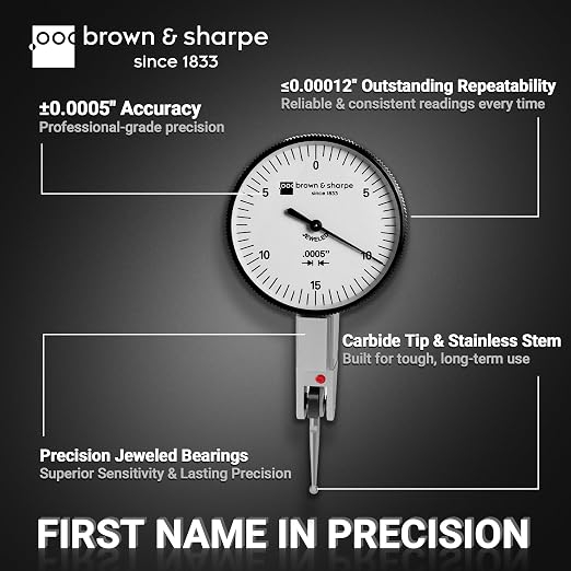 Brown & Sharpe Dial Test Indicator – 0.03" Range, 0.0005" Graduation, 6 Ruby Jewels, Satin Chrome Brass, 0-15-0 Dial, Professional DTI with Dovetail Clamp & Storage Case for Precision Measurement