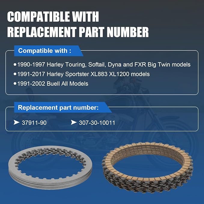 17PCS Extra Plate Steel Clutch Disc Kit Compatible with Harley Touring,Softail,Dyna,FXR Big Twin models 90-97,Sportster XL883 XL1200 models 91-17,Buell 91-02 Replace#307-30-10011