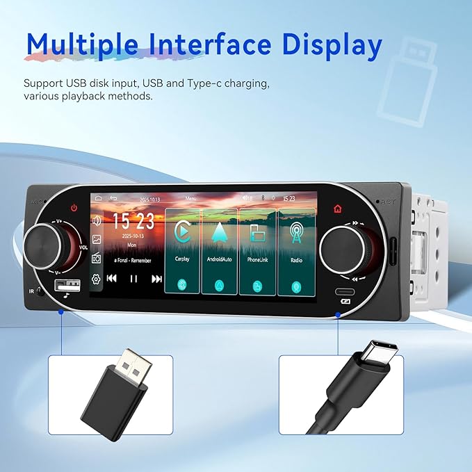 CAMECHO Single Din Radio Car Stereo with Wireless CarPlay & Android Auto 5.1" IPS Touchscreen with Bluetooth 5.2 Car Audio Receiver AM&FM, EQ, SWC, TF, AUX＆USB, Fast Charging, Backup Camera+MIC