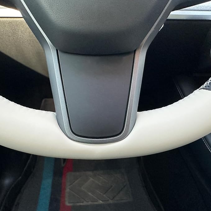 MEWANT DIY Hand Stitch Steering Wheel Cover for Tesla Model Y Model 3 Black Beige Faux Leather Steering Wheel Wrap