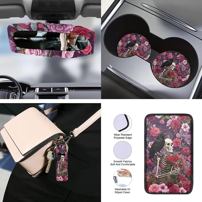 Skeleton Car Seat Covers Full Set Raven Rose Printed Car Interior Accessories Set Included Steering Wheel Cover Seat Belt Pad Armrest Protector Coaster for Auto, Purple