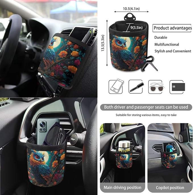 Owl Moon Print Auto Seat Covers Full Set for Women Dust-Proof Decorative Car Seat Cover for Front Back Seats with Steering Wheel Protector Safety Belt Pads etc