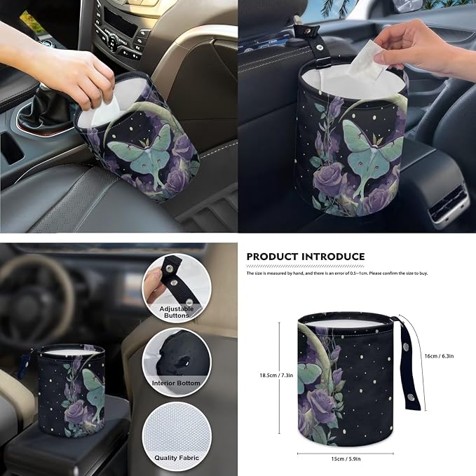15 Pcs Moon Moth Auto Interior Accessories Car Seat Covers with Auto Steering Wheel Cover Seat Belt Covers Car Trash Can View Mirror Cover Coaster Keychains