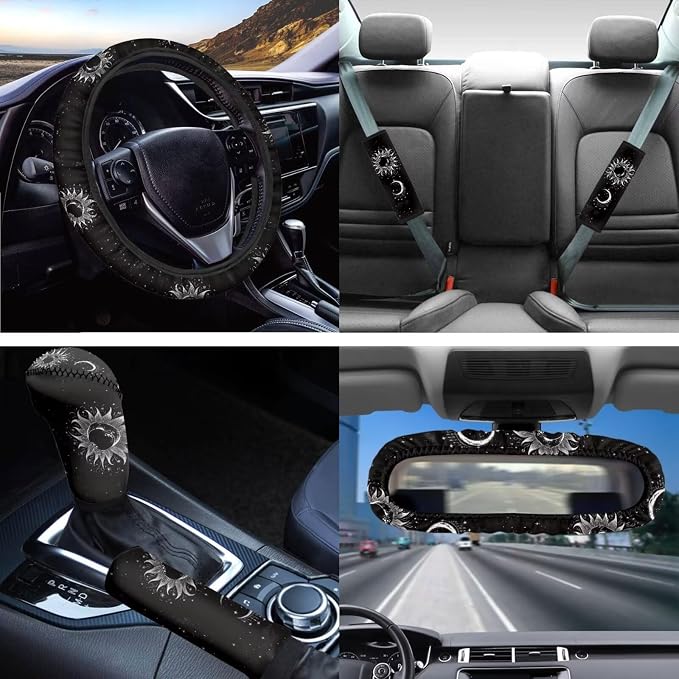 14 Pack Moon and Stars Car Seat Covers Full Set Black Car Accessory with Universal Fit Steering Wheel Cover/Seat Belt/Keyring/Coaster/Car Rear View Mirror Covers Automotive Interior Sets