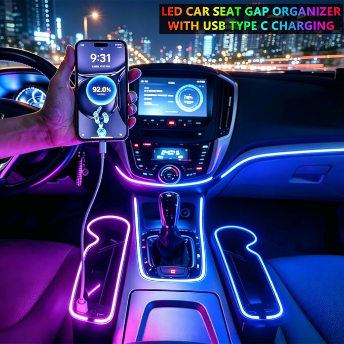 7 Color Led Car Seat Gap Organizer with 56W Type C USB Charging Multifunctional Front Seat Organizer with Cup Holder Console Organizer Seat Gap Filler with Vibe Lamp for Andriod iPhone Grey
