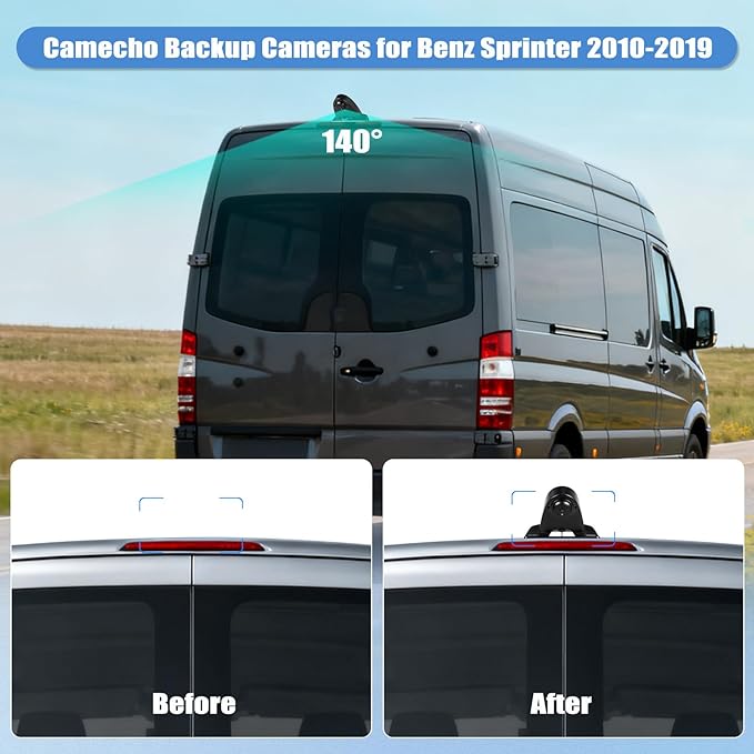 Camecho Top Rear Dual Backup Camera Rear View Compatible for Mercedes Benz Sprinter 2010-2019 Van Truck AHD IR Night Vision Waterproof Roof Mount Reversing Brake Light Parking Assist Replaces