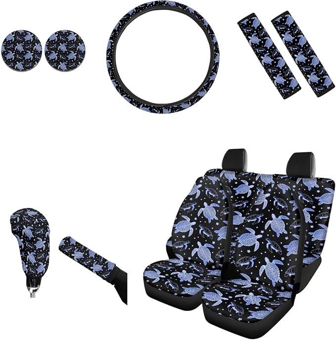 AFPANQZ Turtle Star Print Car Seat Covers Full Set of 11 Interior Accessories Protector Hand Brake Gear Shift Knob Cover, Seat Belt Pads, Steering Wheel Cover Fit Car Truck SUV