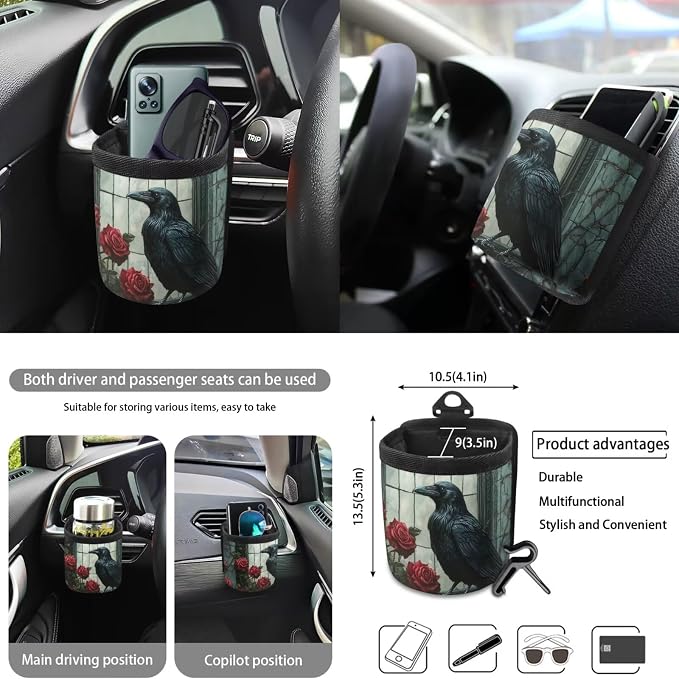 Raven Rose Print 10 Pieces Car Seat Covers Full Sets Waterproof Steering Wheel Cover Auto Trash Bin with Car Air Vent Storage Cup Holders Keychain Universal Fit for SUV