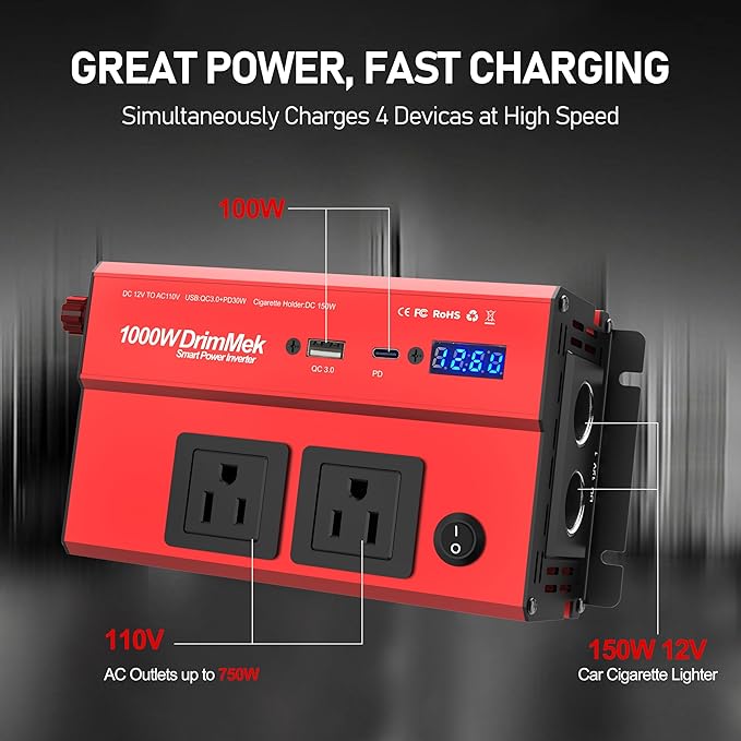 DrimMek 1000 Watt Power Inverters 12v to 110v for Vehicles - with Dual AC Outlets, 1000w Inverter with 3.0A USB and Type-C, 12v Inverter car Cigarette Lighter Battery for/Truck/RV/Emergency