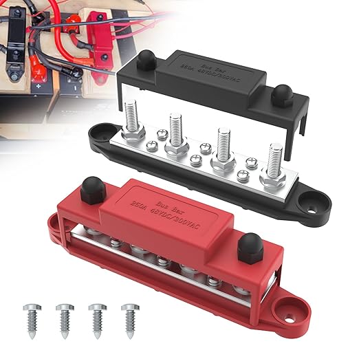 Upgraded Bus Bar 250A 12V Power Distribution Block with 5/16" (M8) 4-Posts Terminals Block with Cover for Automotive, Marine, Battery System (Black & Red)