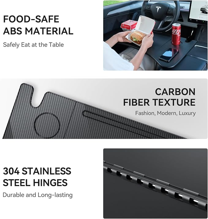 YONZEE Foldable Desk Food Tray (Carbon Edition) for Tesla Model Y Model 3 S X Y Juniper Accessories- Upgraded Table with Support Leg for Dining, in-Car Work, Travel and Outdoor (1 Pack)