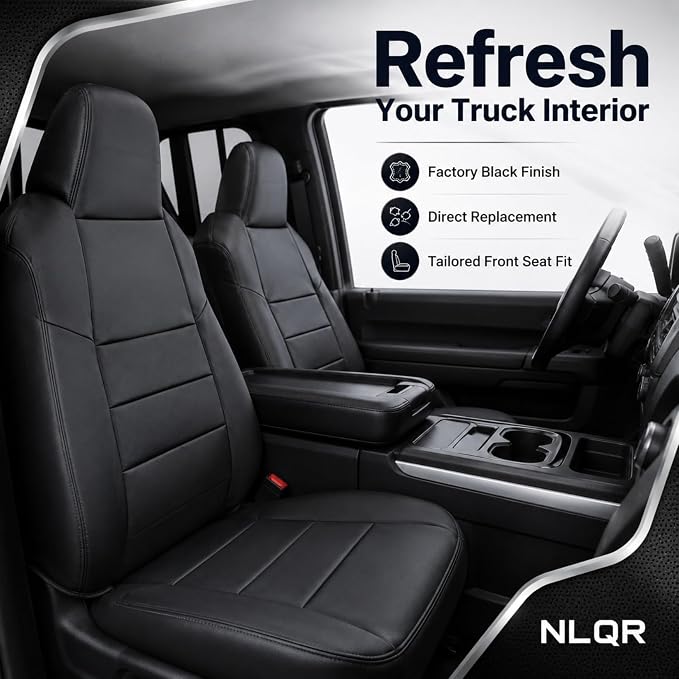 NLQR Black Driver & Passenger Side Bottom & Top Lean Back Replacement Microfiber Leather Seat Covers fit for Ford F250 F350 F450 F550 Lariat 2002 2003 2004 2005 2006 2007 Excursion 2002 2003 2004 2005
