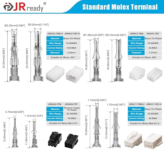 JRready ST6529 610Pcs Pin Connectors Kit Deutsch 16# 20# Molex .093” .062” Mini-fit Jr. Micro-fit Superseal 1.5 Terminal Connector Pins Car Electrical Automotive Pin Socket Wire Terminals
