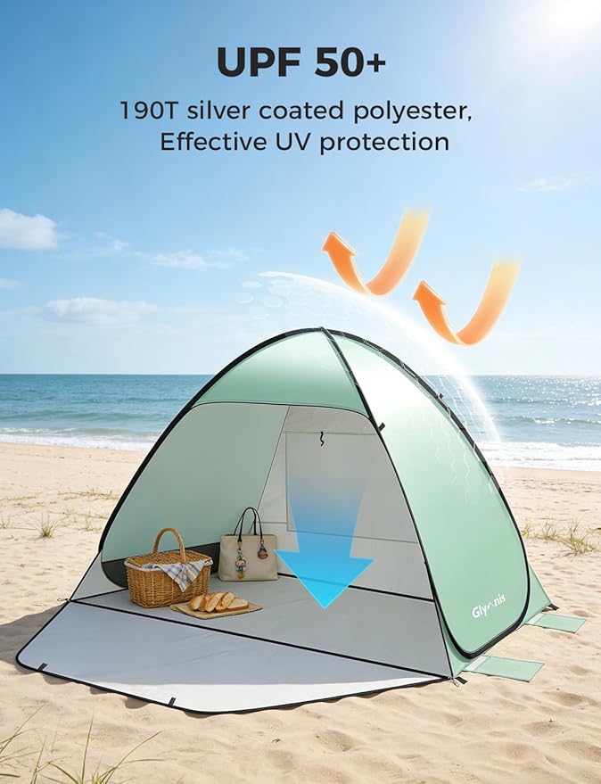 Glymnis Pop Up Beach Tent Beach Shade Tent for 1-4 Persons Sun Shelter UPF 50+ Enclose Zipper Door Portable Easy Up Beach Tent