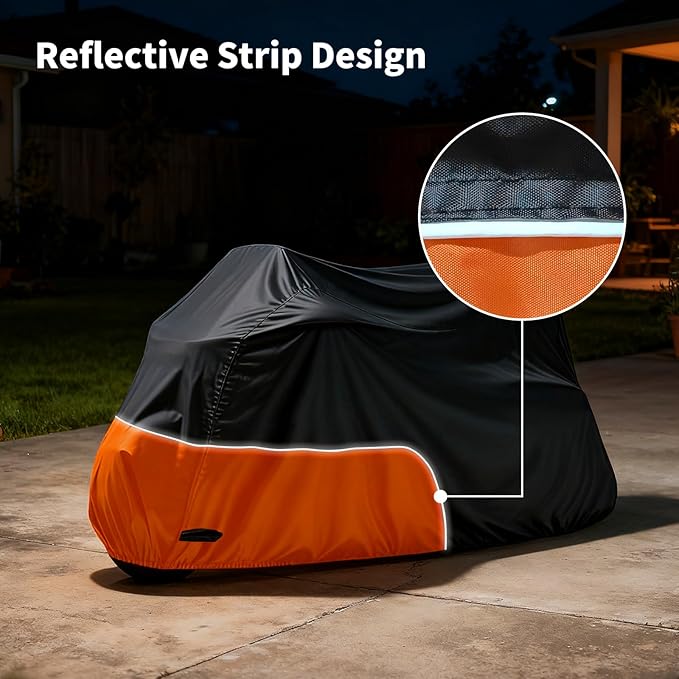 Motorcycle Cover Heavy Duty Waterproof, for Motorcycle with Side+Top Box, Compatible with Harley Davidson Ultra Ltd, Road Glide Ltd, Honda Goldwing, BMW, Indian Motorcycle Accessories, Black/Orange