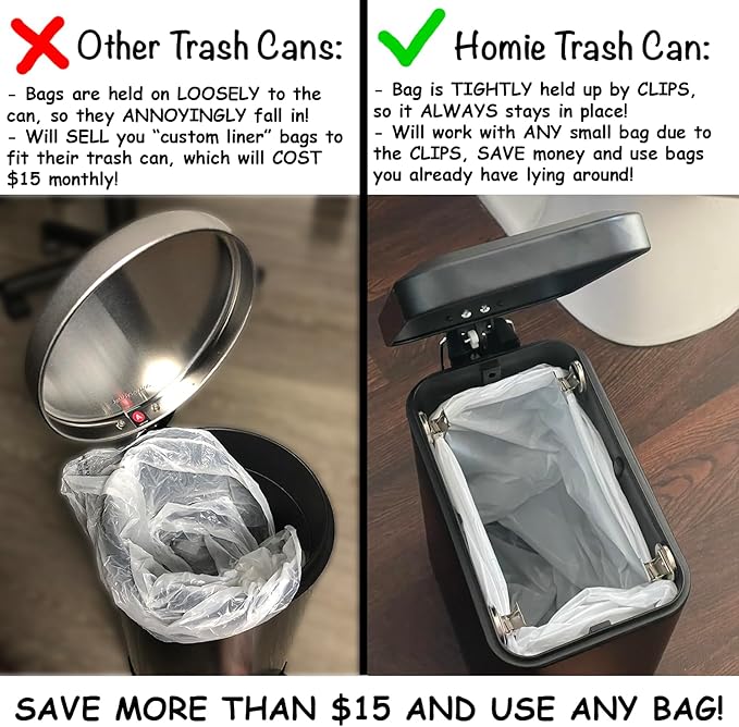 Homie Soft Close, Slim Trash Can 1.6 Gallon with Anti - Bag Slip Liner and Lid, Use as Mini Garbage Basket, Slim Dust Bin, or Decor in Bathroom, Restroom, Kitchen, or Bedroom (Matte Black)