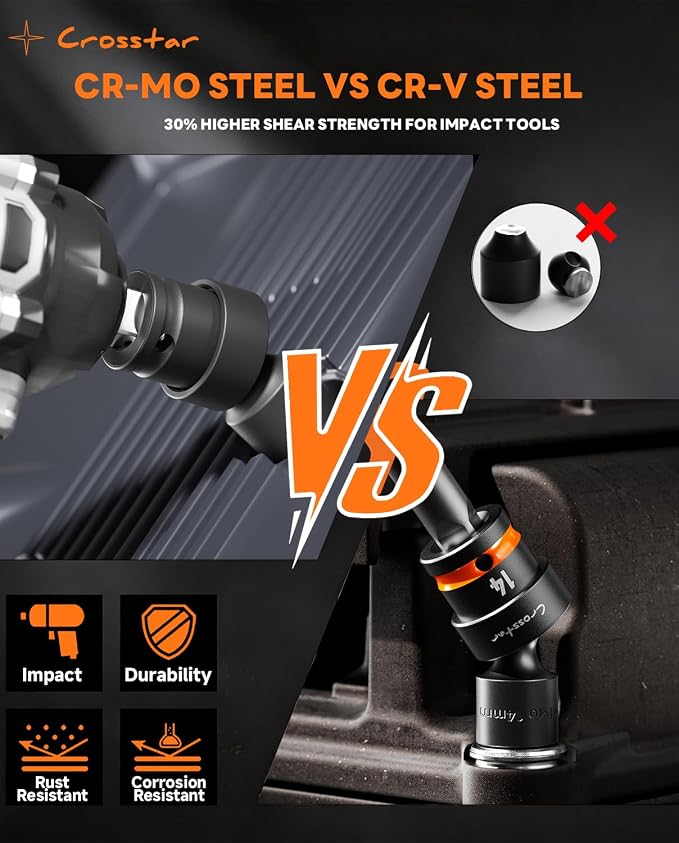 Crosstar 14 Pieces 3/8"Drive Swivel Socket Set,Impact Rated Universal Joint,CR-MO Steel,Metric and SAE Wobble Socket,6-Point Shallow Socket with Transparent Case,Flexible 360°Rotation for Tight Spaces