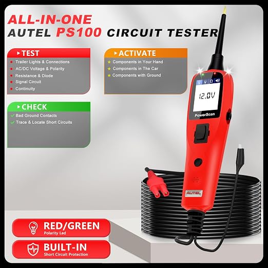 Autel PowerScan PS100 Car Circuit Tester, Universal 12V 24V Automotive Power Circuit Probe Kit with 40FT Cable, AC/DC/Continuity/Probe/Signal Test, Activate Component Electrical System Tool
