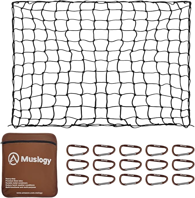 Muslogy Truck Bed Cargo Net Trunk Netting Compatible with Pickup Bed Stretchable 4'x6' to 8'x12' Accessories, Pickup Cargo Organizer SUV Sedan Storage Net w/Heavy Duty Carabiners