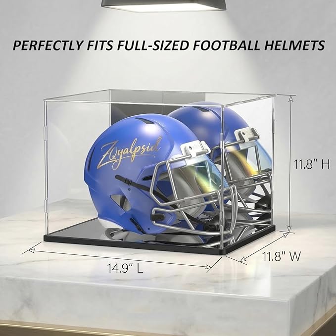 Football Helmet Display Case, Clear Acrylic Display Box for Full Size Football & Baseball Helmets, Mirrored Back & Bottom, Black Base, Dust-Resistant Showcase, 14.9" x 11.8" x 11.8"